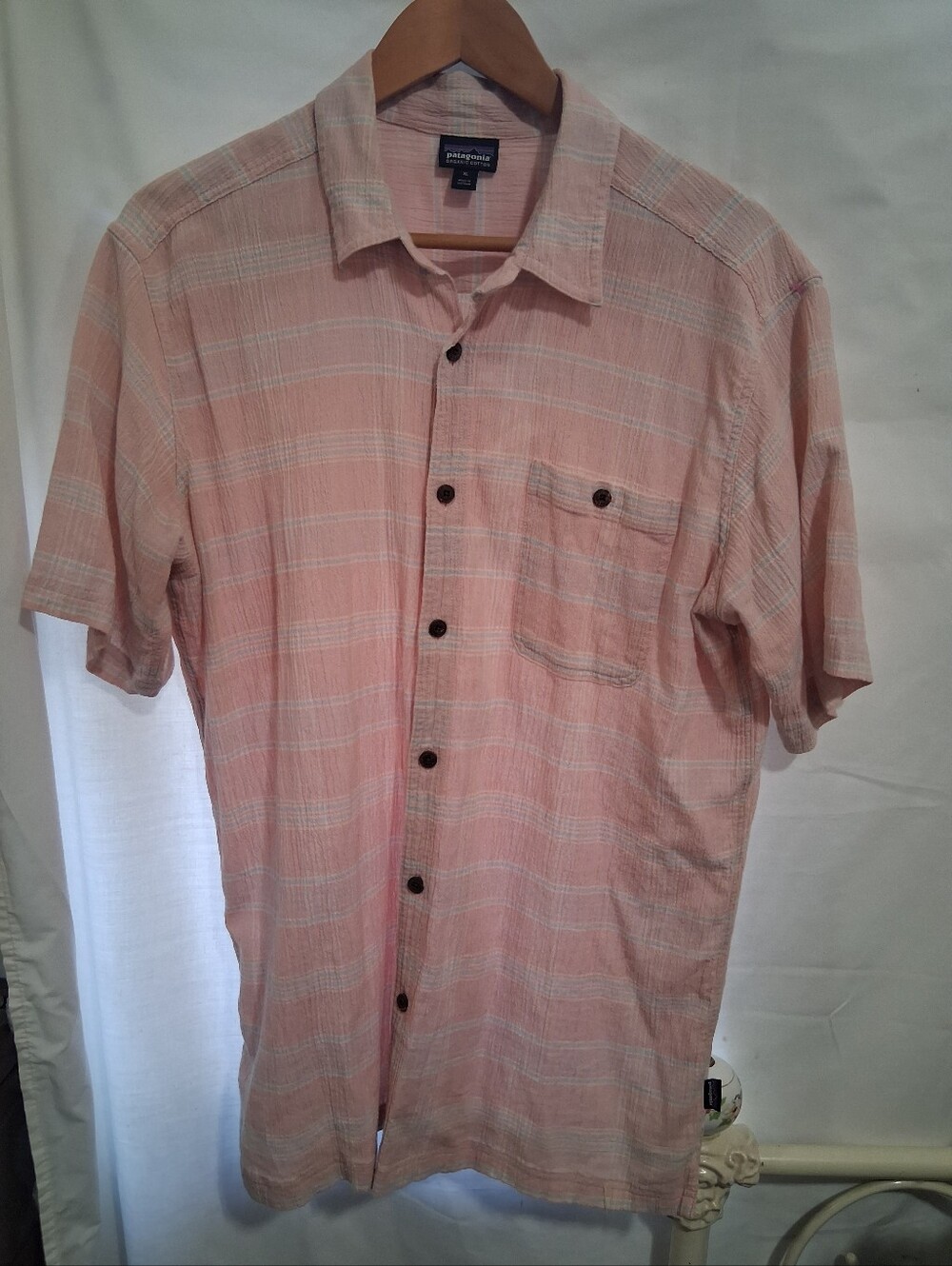 Patagonia 100% Organic Cotton Short Sleeve Shirt Plaid Pastels Pink XL A+